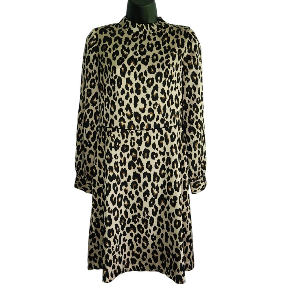 Ann Taylor leopard print dress mock neck long sleeves black and tan size 0
